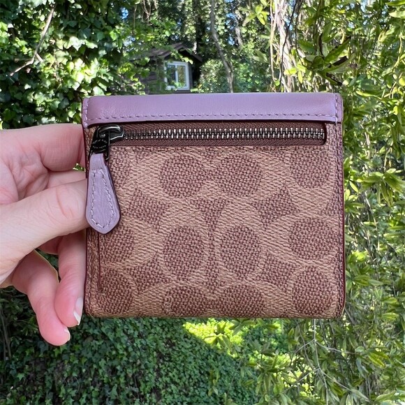 Coach Small Trifold Wallet In Signature Canvas With  COACH Small Trifold Cardholder Wallet Tan/Purple w Gunmetal Hardware AUTHENTIC